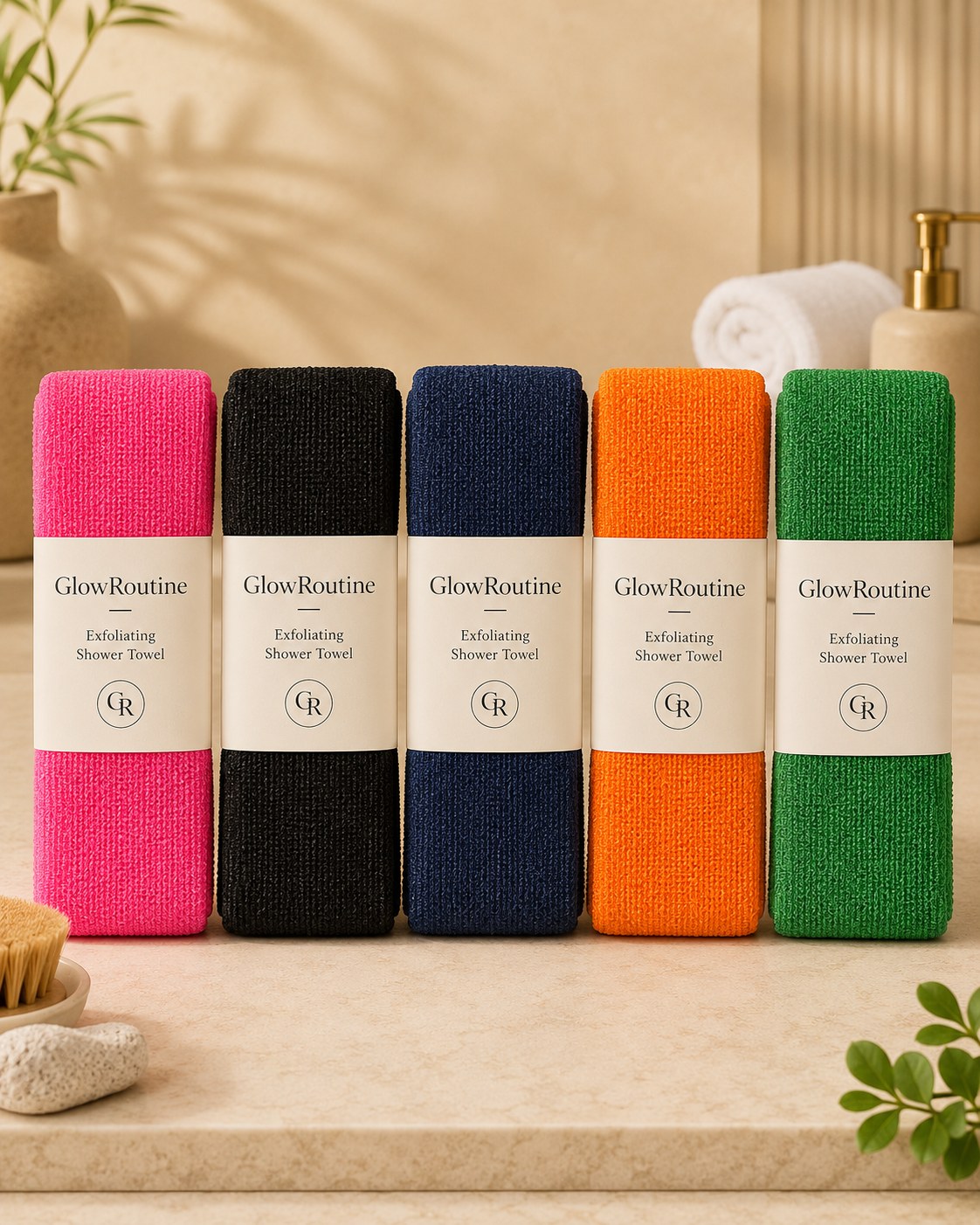 Five GlowRoutine color options: hot pink, black, dark blue, orange, and green