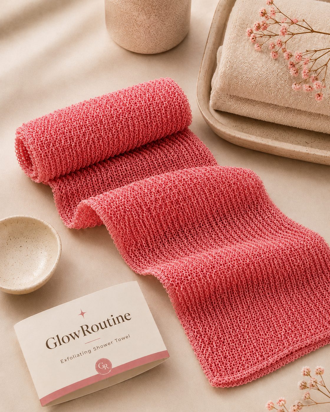 Pink exfoliating towel flat lay