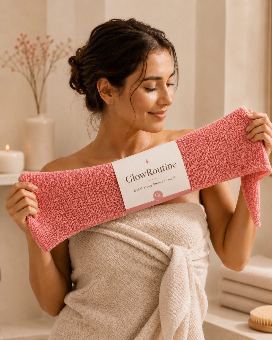 Woman holding pink GlowRoutine towel