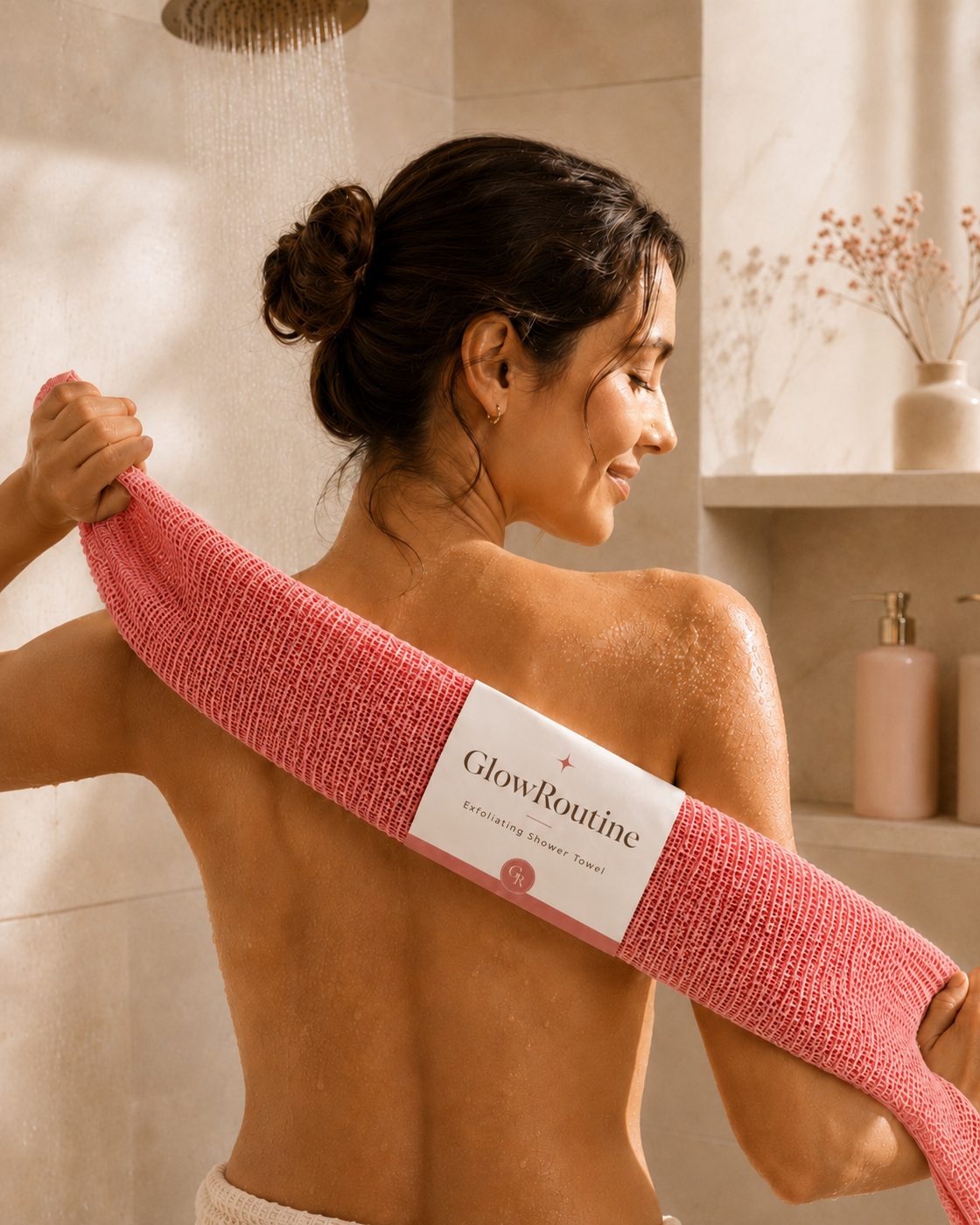 Woman using pink exfoliating shower towel